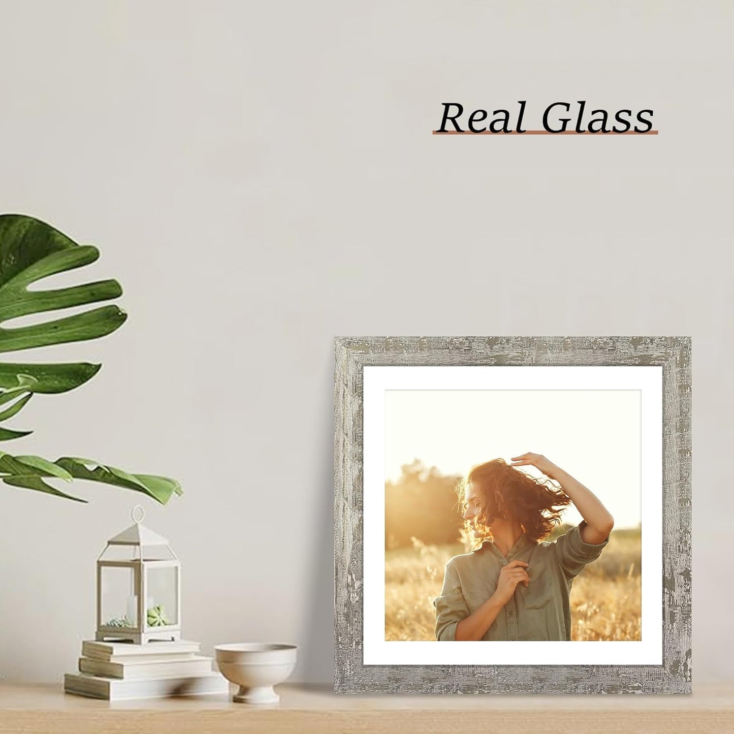 iRahmen 12x12 Picture Frame Set of 4 with Tempered Glass, Display 10x10 Picture with Mat or 12 x 12 Without Mat, Rustic Wood Square Photo Frame for Desktop Display and Wall Mounting