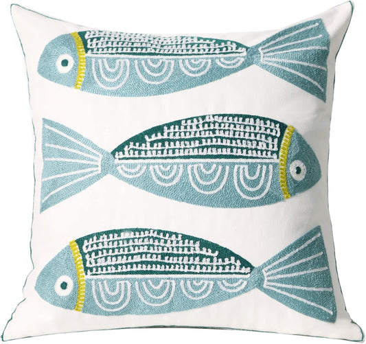 1 PCS Embroidered Throw Pillow Cover Cotton Decorative Square Cushion Cases for Home Sofa Bed and Chair 18 x 18 Inch (Blue Fish)