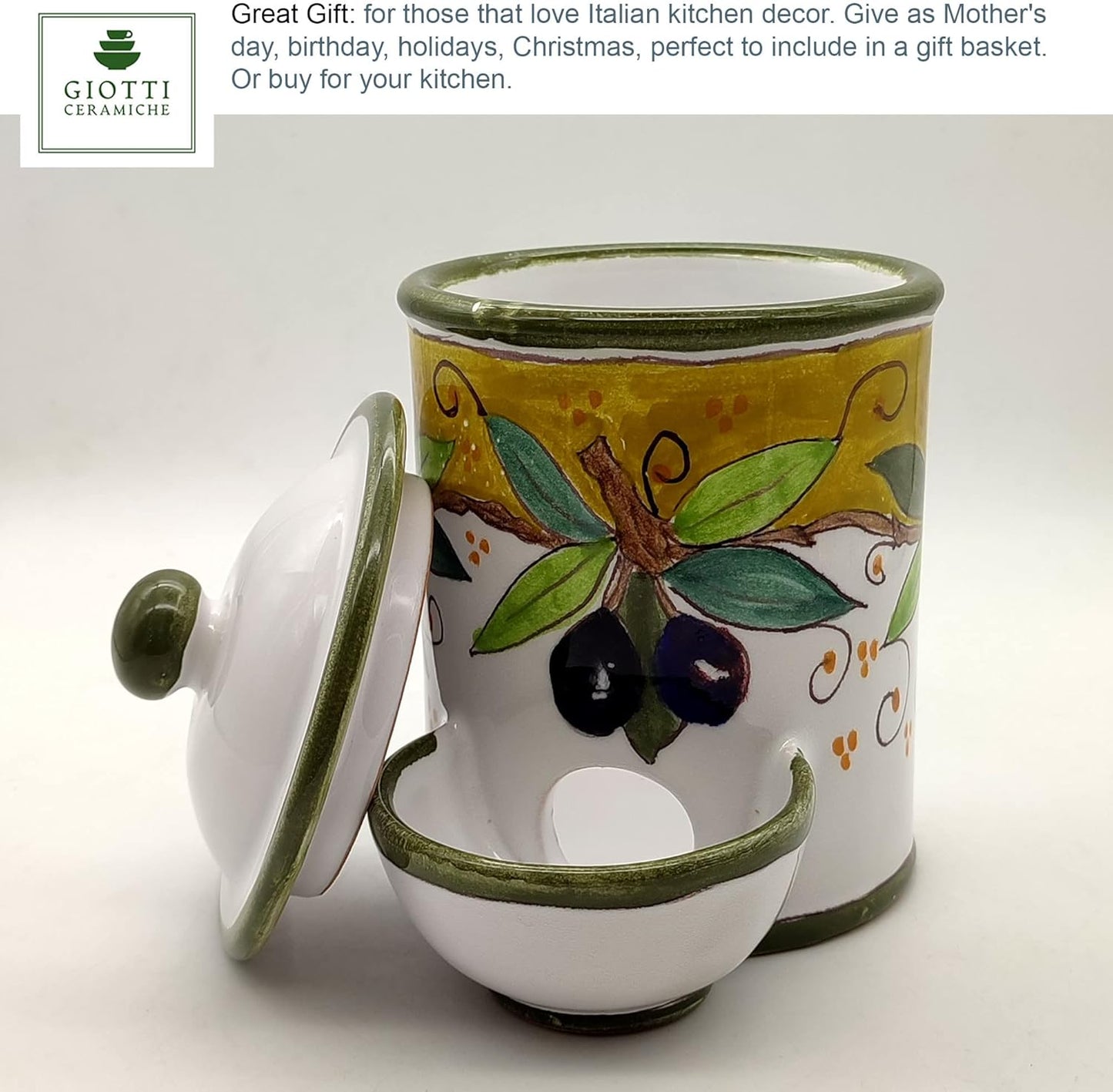 Italian Ceramic Salt Keeper - Hand Painted kitchen Storage Salt Jar with lid Tea Coffee and Spices- Made in ITALY Tuscany - Italian Pottery - Home Decor Olive