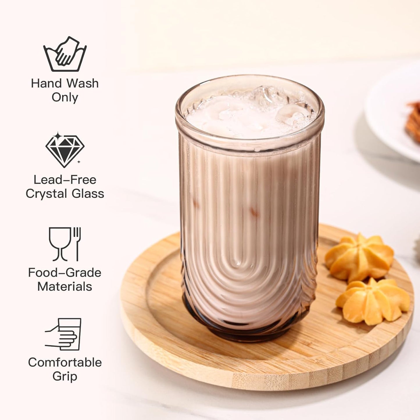 Colored Vintage Glassware Set of 6-17Oz Colorful Water Drinking Glass, Art Deco Ripple Highball Glass, Whiskey Cocktail Glasses, for Bar Beverages Ice Coffee Juice, Housewarming Gifts