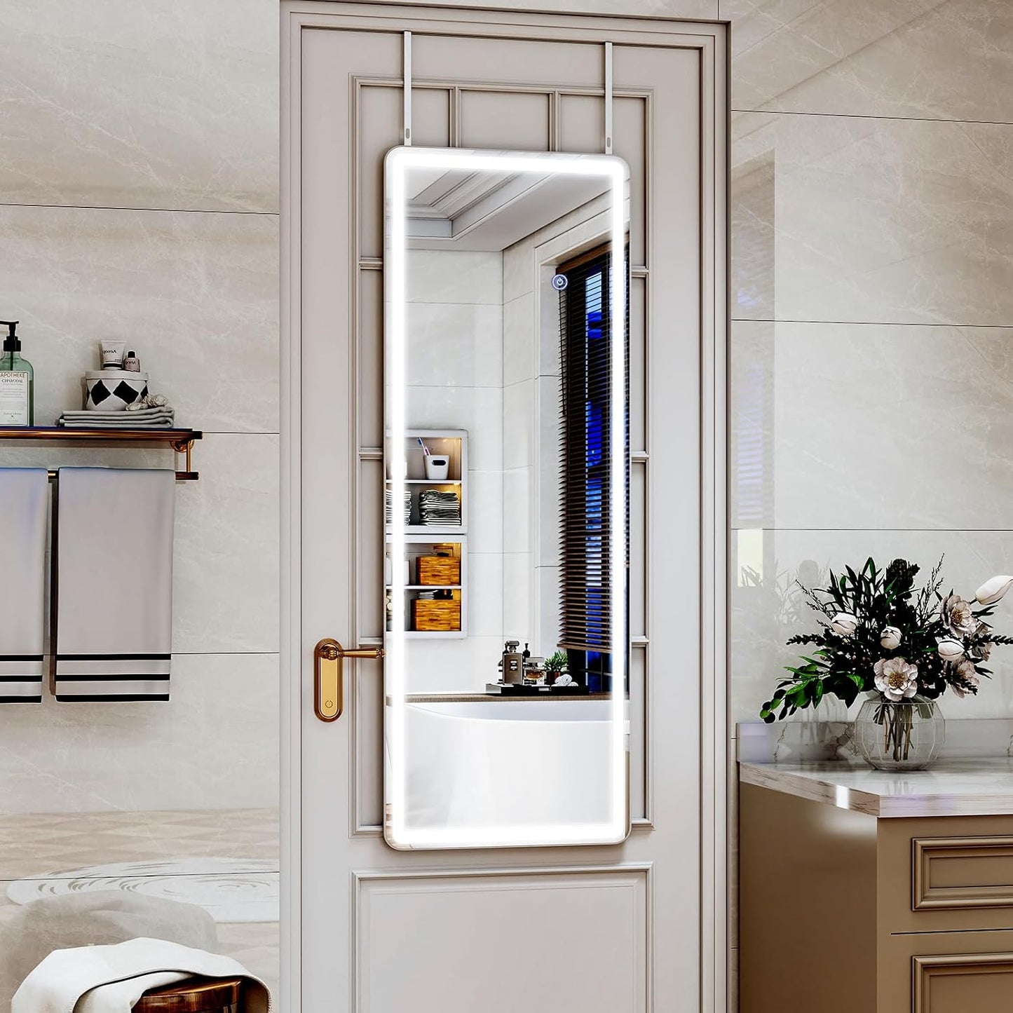 LED White Round Corner Door Hanging Full Length Mirror - 16“ x 48” Adjustable Brightness, Touch Screen Controls, Wall Mounted for Bedroom, Living Room, Cloakroom Dressing Mirror