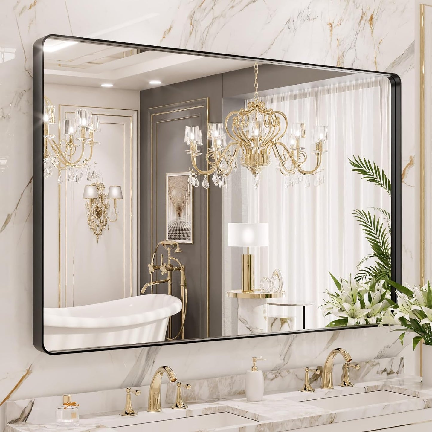 LOAAO 48X40 Inch Black Metal Framed Bathroom Mirror for Wall, Matte Black Bathroom Vanity Mirror Farmhouse, Large Rounded Rectangle Mirror, Anti-Rust, Tempered Glass, Hangs Horizontally or Vertically