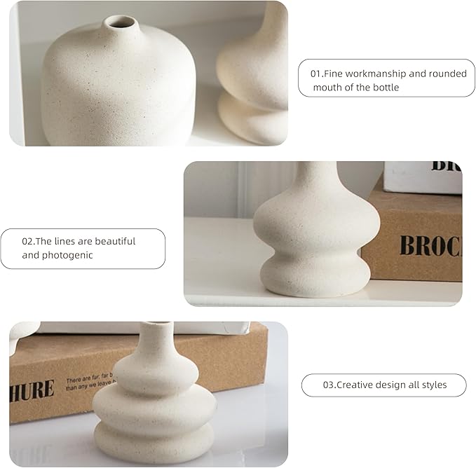 JOJUNO White Bud Vases, Small Ceramic Vase Set of 5, Mini Pottery Vases for Flowers, Decorative Vases for Home Modern Decor, Boho Decor, Chic Vases for Living Room Dining Table Shelves