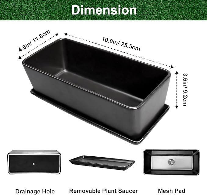 SQOWL Rectangle Planter - 10 Inch Ceramic Plant Pots with Drainage Hole and Saucer, Rectangular Succulent Planters for Indoor Plants, Flower Cactus Herb Pots Outdoor, Room Decor, Garden Gifts, Black