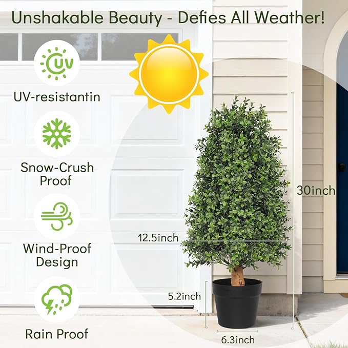 30 inch Artificial Boxwood Tree Topiary, Set of 2 Faux Potted Topiary for Outdoor Planter, Lush Foliage & UV Resistant Fake Boxwood Bushes for Front Door Porch Entrance Balcony Decor