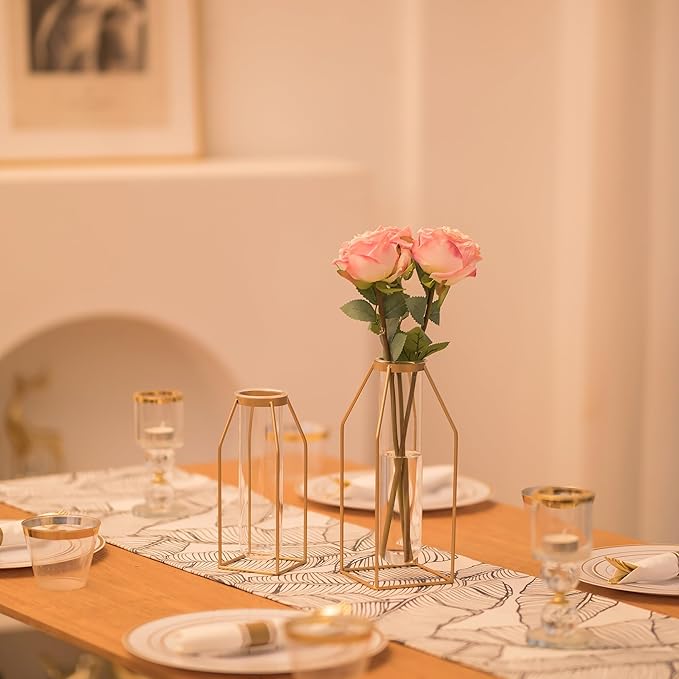 Sziqiqi Glass Tube Vase with Metal Stand - Modern Flower Vase Propagation Station for Plants Minimalistic Wire Square Vase for Room Decor Office Wedding Table Decoration