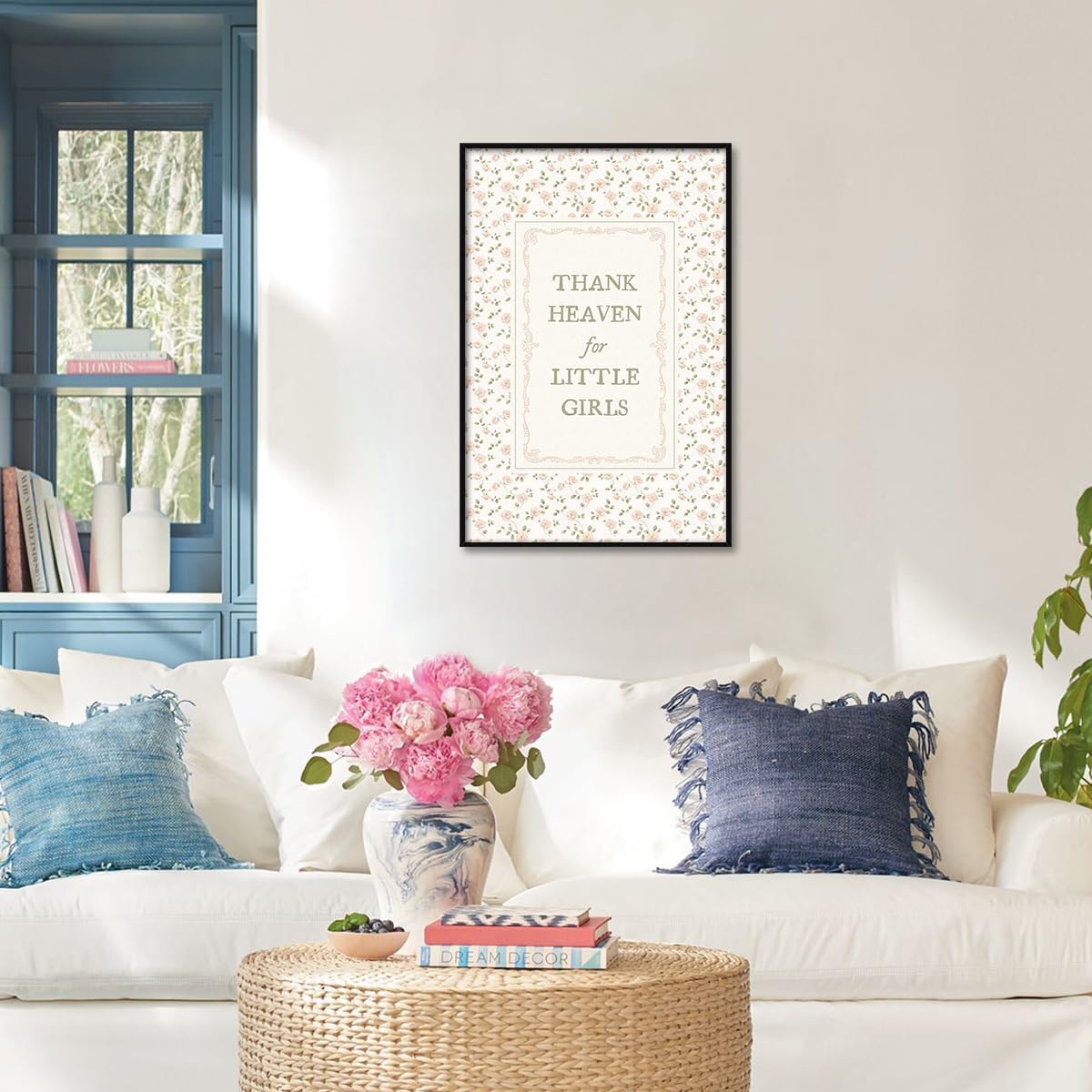 Girl Nursery Canvas Wall Art, Thank Heaven for Little Girls Quotes Poster, Farmhouse Floral Pattern Pastel Pink Wall Print, Flowers Green Botanical Picture for Kids Bedroom 8x12in Unframed