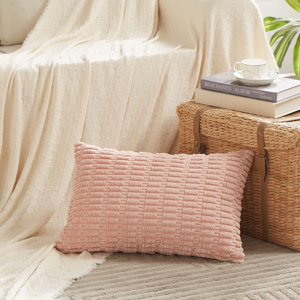Fancy Homi 4 Packs Boho Pink Decorative Throw Pillow Covers 12x20 Inch for Living Room Couch Bed Sofa, Rustic Modern Farmhouse Home Decor, Soft Plush Corduroy Cute Square Cushion Case 30x50 cm