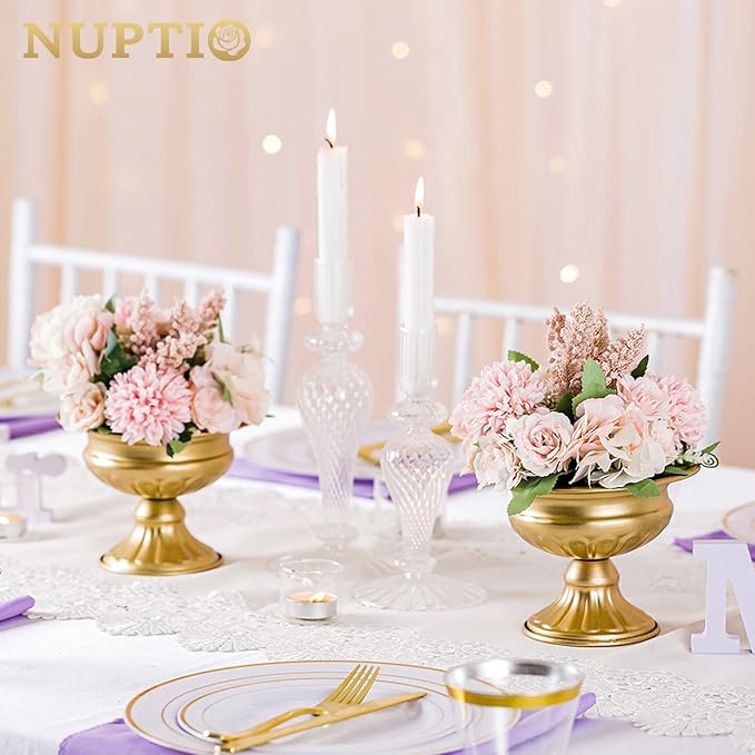 Nuptio Pcs of 2 Mini Sized Metal Urn Planter Elegant Wedding Centerpieces Vase for Wedding Party Decoration, 12.6cm/4.96" Tall Trumpet Vase Flower Holder for Anniversary Ceremony
