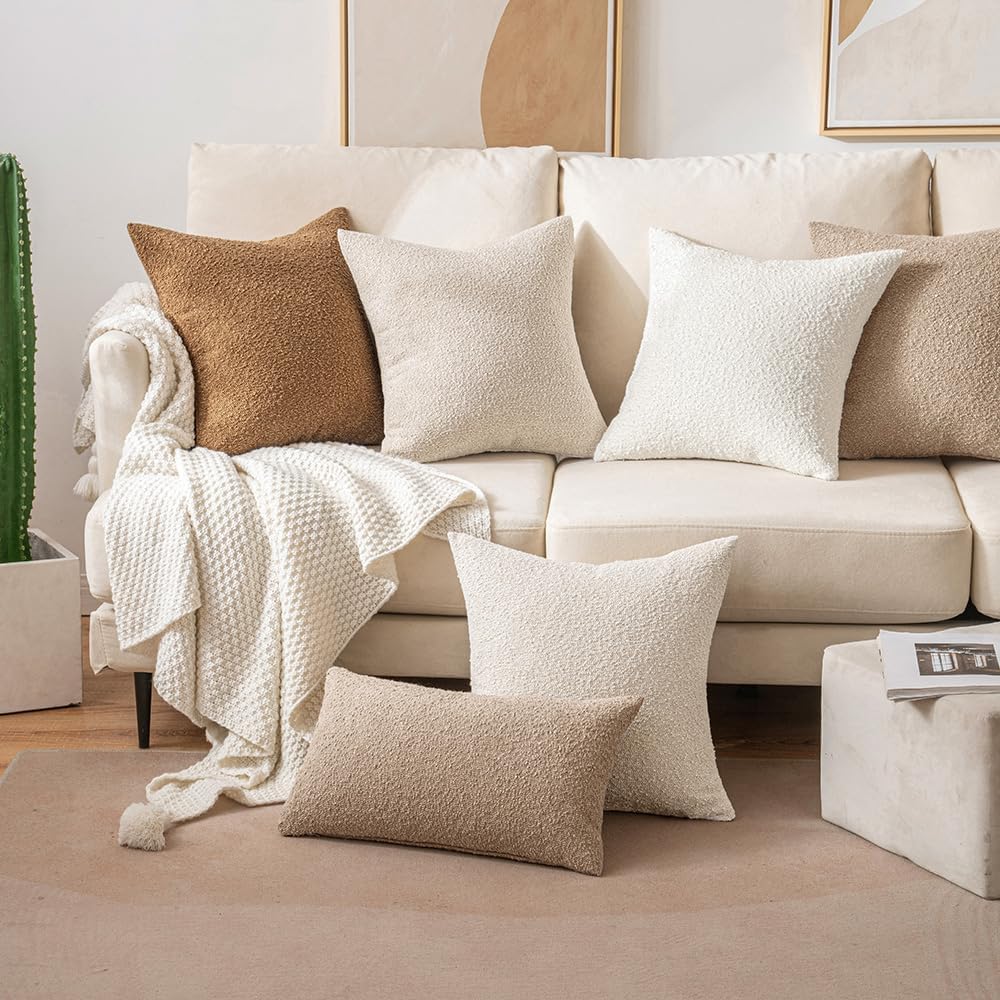 MIULEE 24x24 Decorative Euro Sham Throw Pillows for Bed Set of 2 Textured Boucle Neutral Winter Throw Pillow Covers Khaki Accent Solid Couch Pillowcases Sofa Livingroom Home Decor