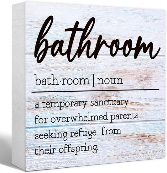 Funny Rustic Grey Wood Sign Bathroom Definition Block for Shelf, Toilet, Restroom, Home Tabletop Desk Decor - Farmhouse Wooden Box Sign