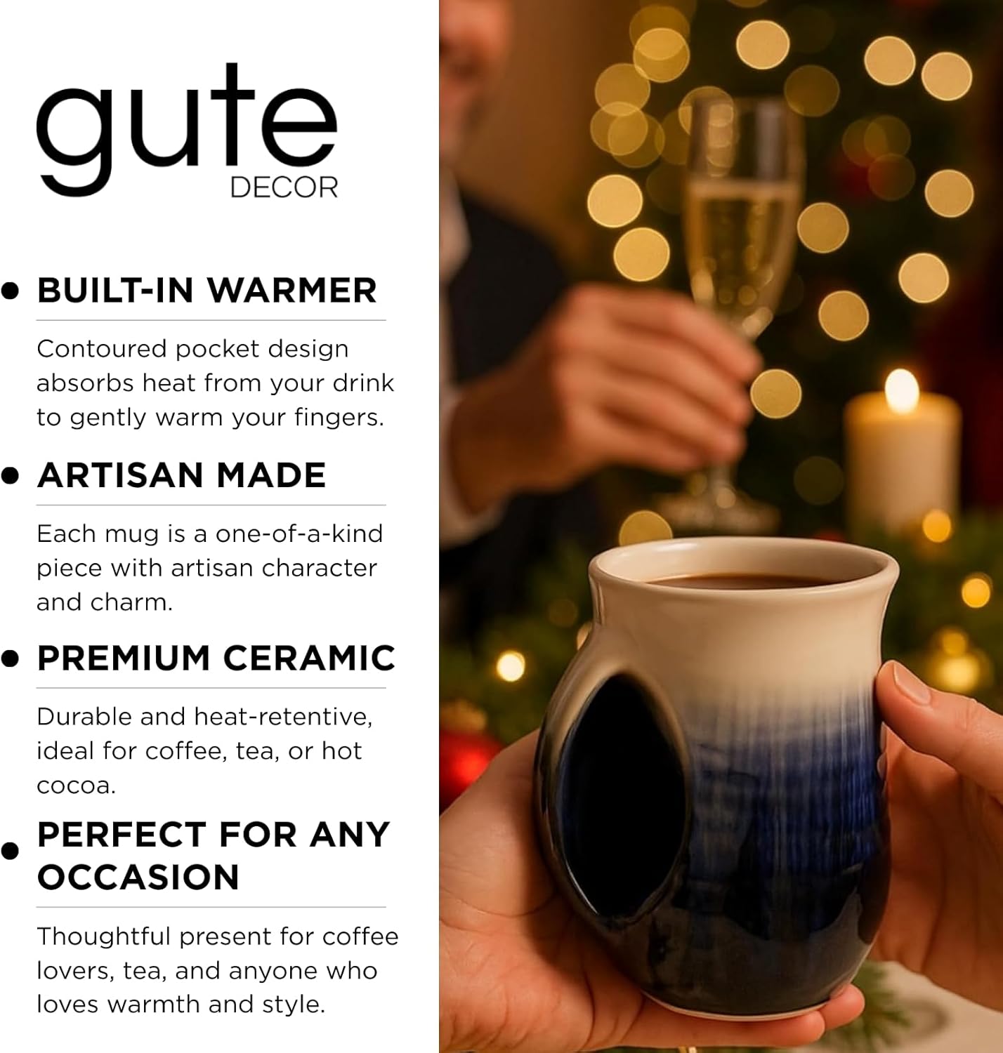 GUTE Hand Warmer Mug, Ceramic and Hand Painted - Contoured Pocket will Hold Warmth From The Heat Of Your Drink To Keep Your Fingers Warm, Comfy Handwarmer (Ocean Blue) (Left Handed)