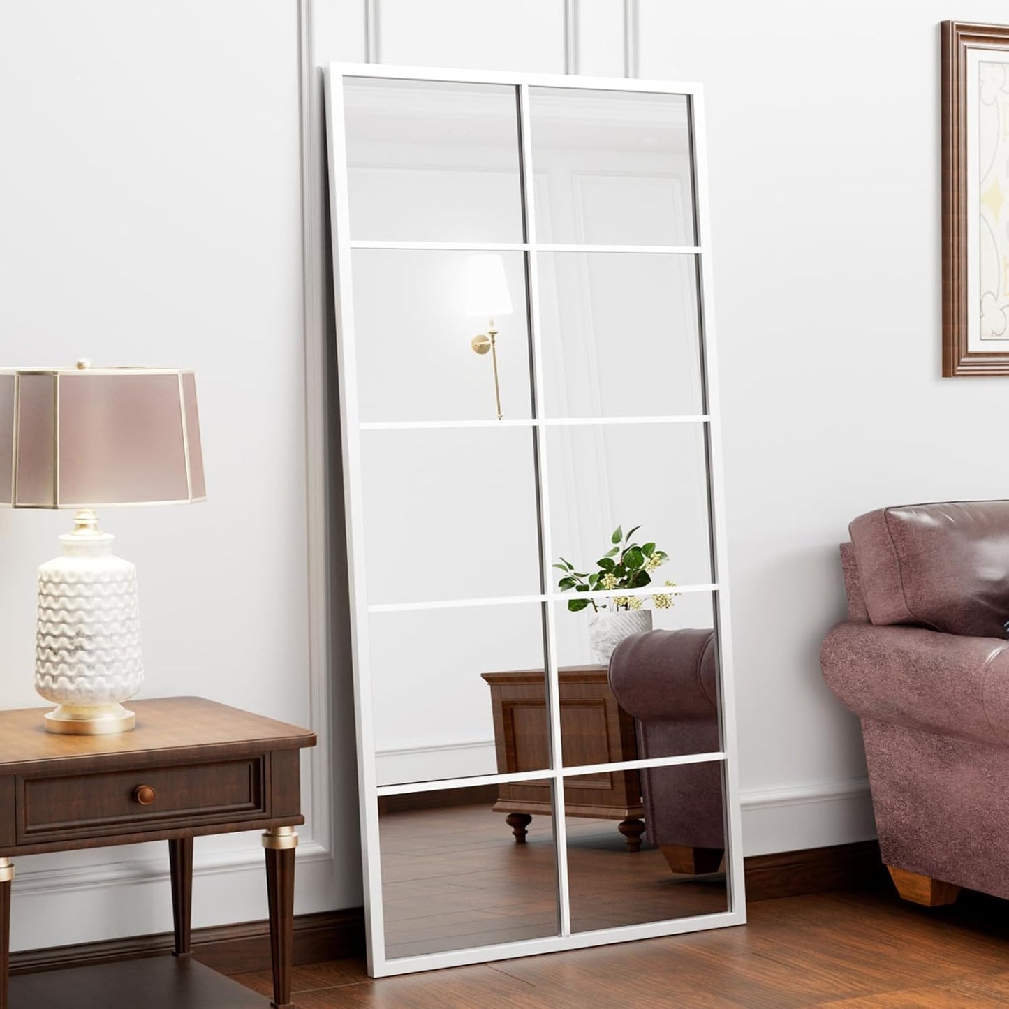 Full Length Mirror, 71"x32" Large Rectangular Window Pane Wall Mirror, White Full Body Mirrors, Oversize Farmhouse Standing Mirrors Hanging or Leaning for Living Room, Entryway, No Stand