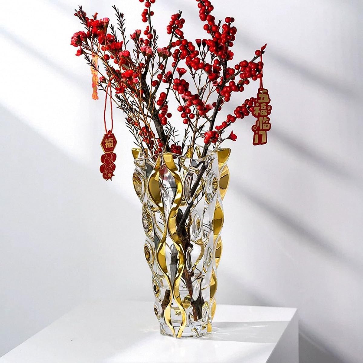 Hand Painted Gold Vase 11" Tall,Flower Vase Decor for Home Dining Table Living Room,Office Wedding Holiday Party,Handmade Decorative Flower Vase.