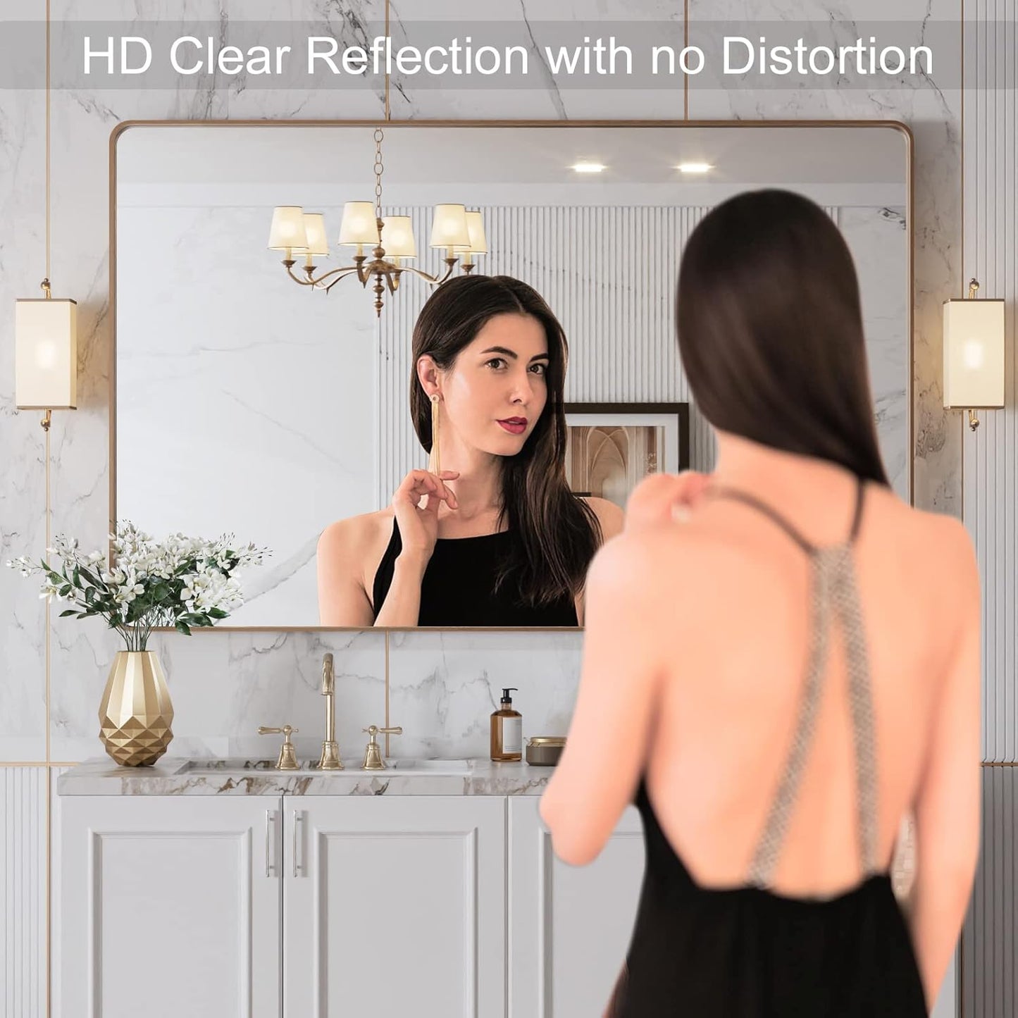 LOAAO 48”X30” Gold Bathroom Mirror, Rounded Rectangle Gold Frame Mirror, Brushed Gold Bathroom Vanity Mirror Wall-Mounted, Anti-Rust, Tempered Glass, Hangs Horizontally or Vertically