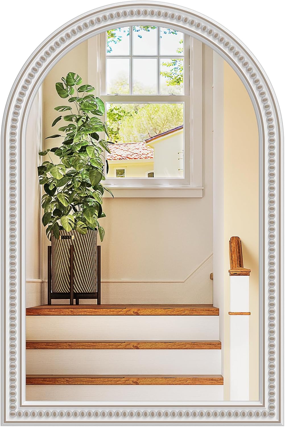 Farmhouse Mirror for Wall, 24" x 36" Arched Boho Mirror with Beaded, Arch Rustic Wooden Frame Decorative Wall Mirrors for Bathroom, Vanity, Living Room, Entryway