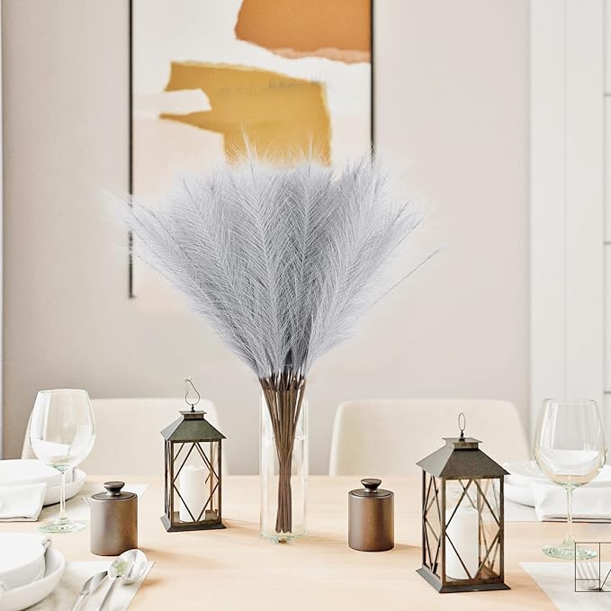 50pcs Faux Pampas Grass Grey, 21.6" Short Artificial Pompous Grass Floral Fake Pompas Grass Branches Vase Filler Flower Arrangement for Home Wedding Boho Decor