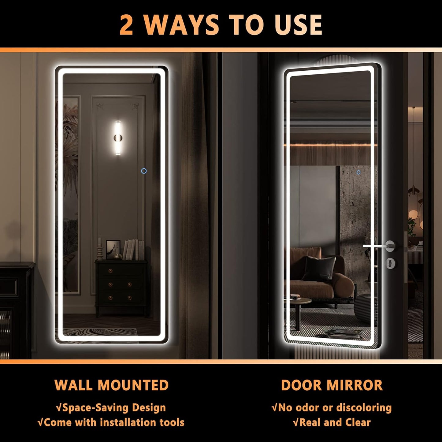 Hasipu LED Door Mirror Full Length, 44.1" x 15.8" Lighted Over The Door Hanging, Full Body Wall Mounted, Light Up Long Dressing, Round Black