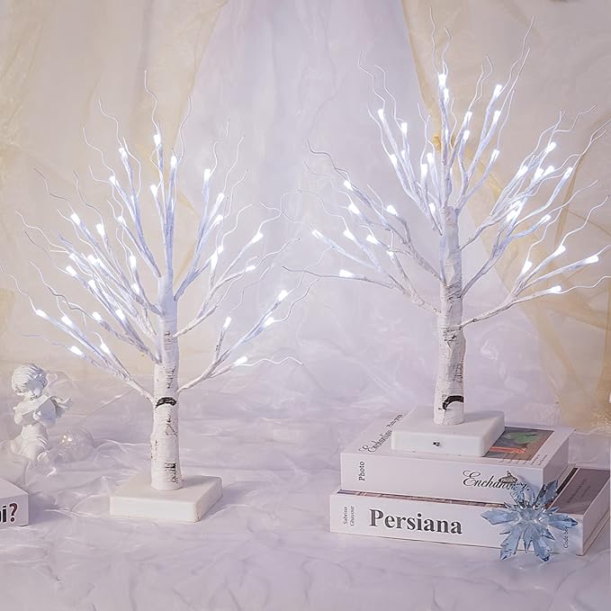 4pcs 36LED Lighted Birch Tree Home Decor - White Birch Tree with Lights Money Tree Wedding Centerpieces Artificial Branches Table (White)