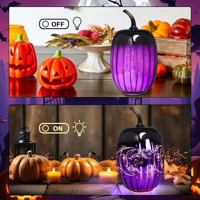 VCUTEKA Glass Pumpkin Lights, Lighted Pumpkins Halloween Decorations for Home, Pumpkin for Indoor Decor and Thanksgiving Centerpieces Tables Decor, Purple