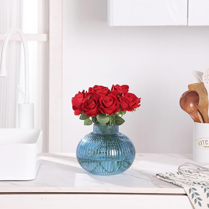 Blue Glass Vase for Tulips, Ribbed Glass Vase for Flowers, Round Flower Vases, Small Short Vases for Living Room, Office, Coffee Table, Shelf, Wedding, 6 Inches