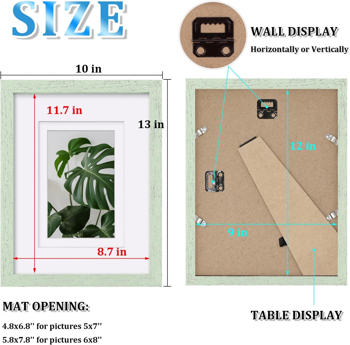 Egofine 9x12 Picture Frames Set of 4, Made of Solid Wood Covered by Plexiglass 5x7 and 6x8 with Mat or 9x12 without Mat, for Table Top Display and Wall Mounting Photo Frame Rustic Green