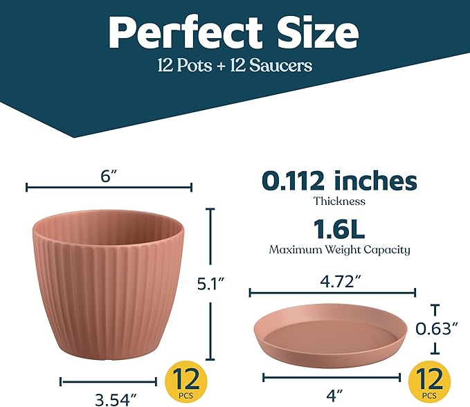 Pink 6-Inch Plant Pots with Drainage & Saucers 12 Pack, Indoor & Outdoor Planters for Houseplants, Herbs, and Flowers, Durable & Weatherproof Material, Stackable, Lightweight, Minimalist Design