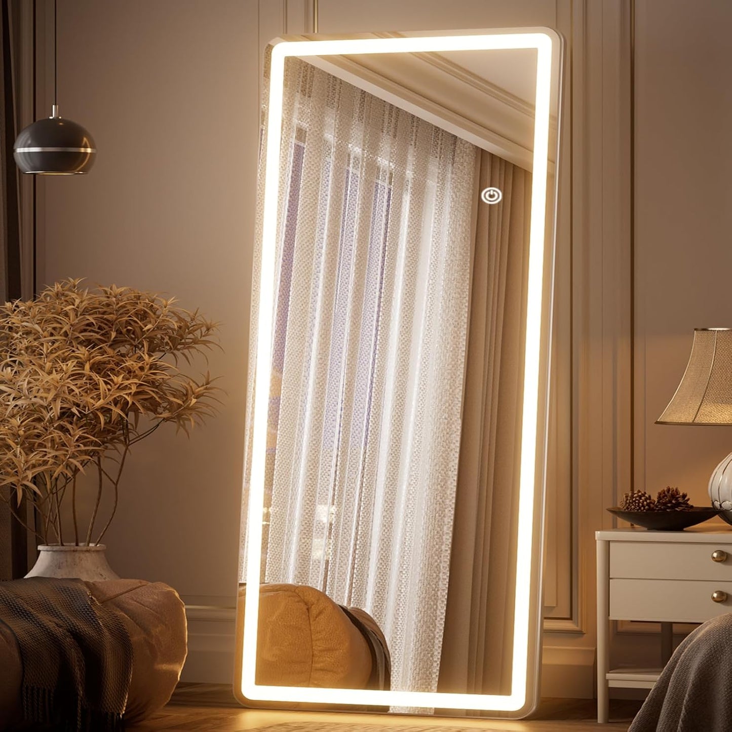 LED Full Length Mirror - 71" x 26" Mirror Full Length with Rounded Corner, Floor Standing for Bedroom/Dressing Room, 3 Color Lighting, White