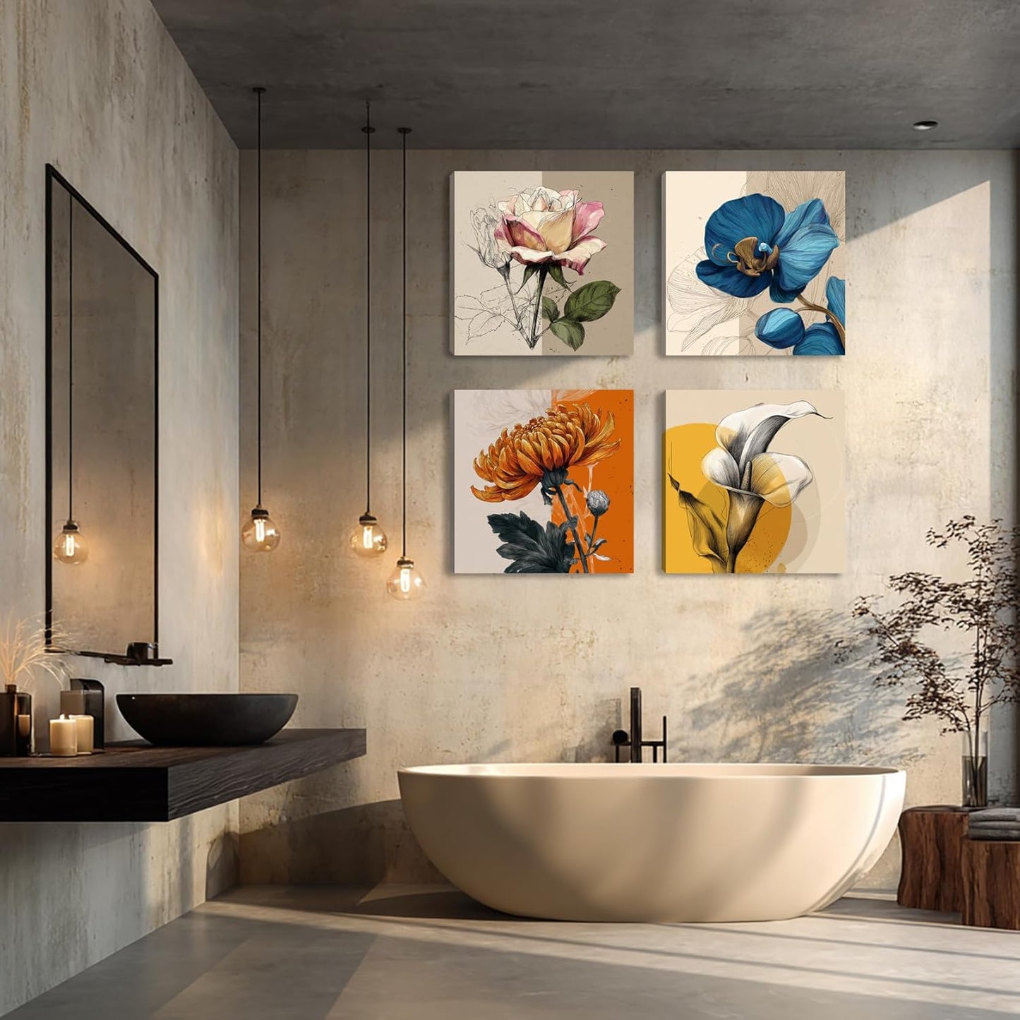 Framed Botanical Wall Art for Living Room Rustic Boho Floral Canvas Paintings Prints Flower Pictures for Farmhouse Hallway Bedroom Dining Room Bathroom Office Wall Decor ArtWork for Wall