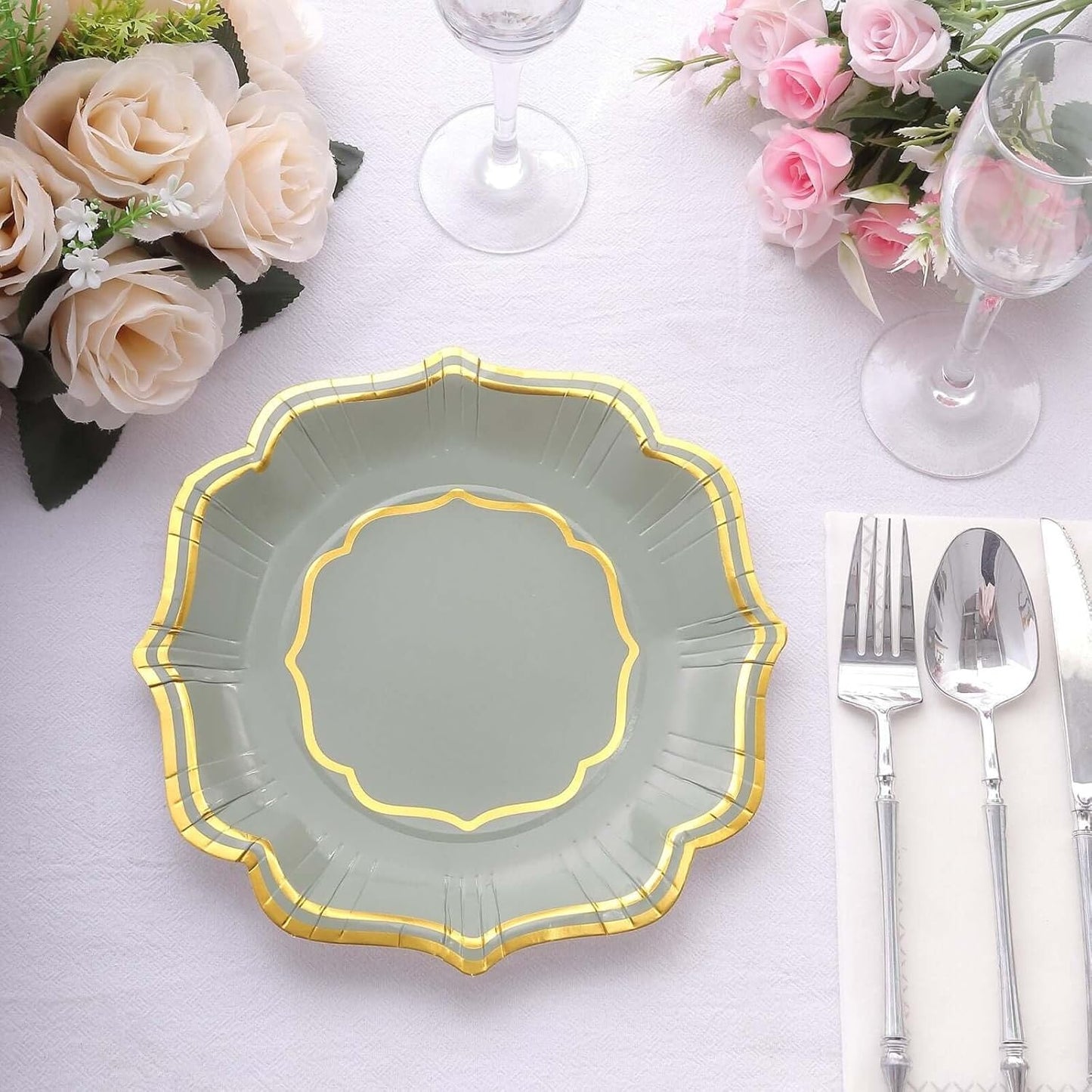 Efavormart 25 Pack Sage Green Appetizer Dessert Paper Plates With Scalloped Gold Rim, 8" Disposable Salad Plates - 300 GSM