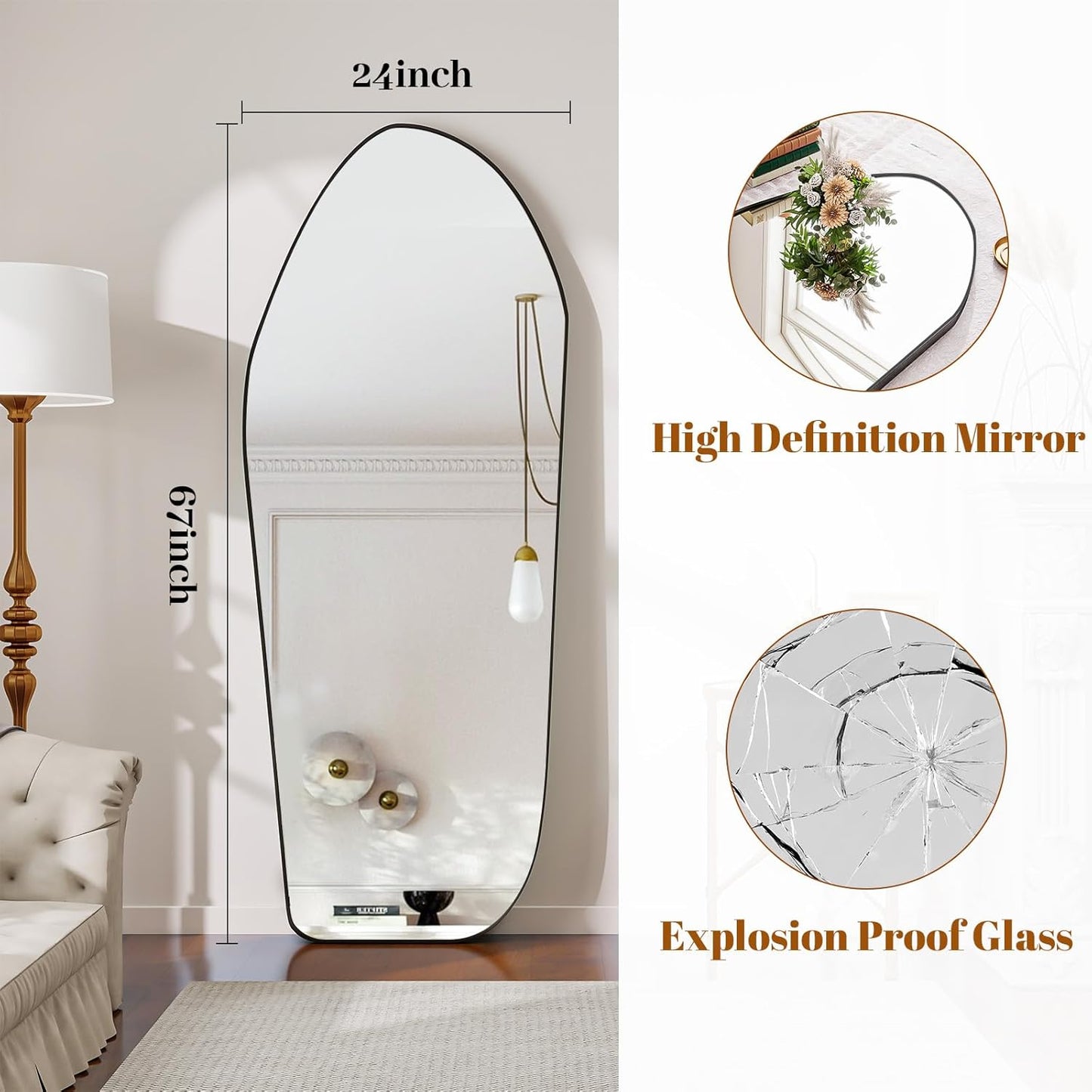 Full Length Floor Mirror - 67"x24" Aluminum Frame Irregular Mirror Diamond Shaped Standing Leaning Hanging for Bedroom Living Room Cloakroom Decor Large Mirror Black