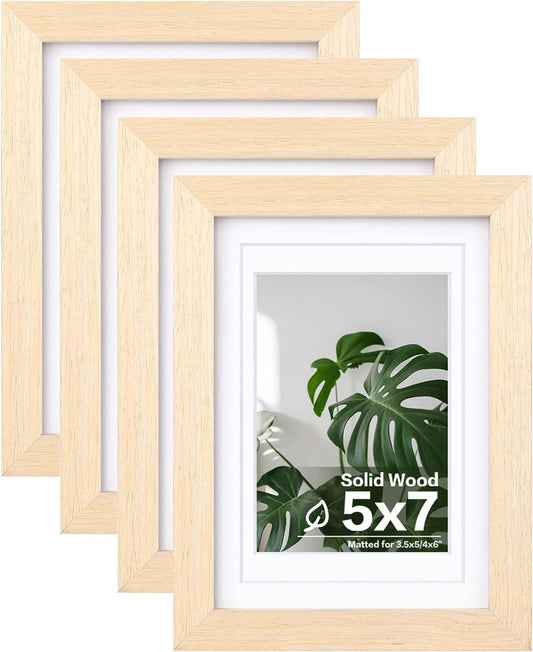 Egofine 5x7 Picture Frames Set of 4, Made of Solid Wood Covered by Plexiglass 3.5x5 and 4x6 with Mat or 5x7 without Mat, for Table Top Display and Wall Mounting Photo Frame Oak Wood