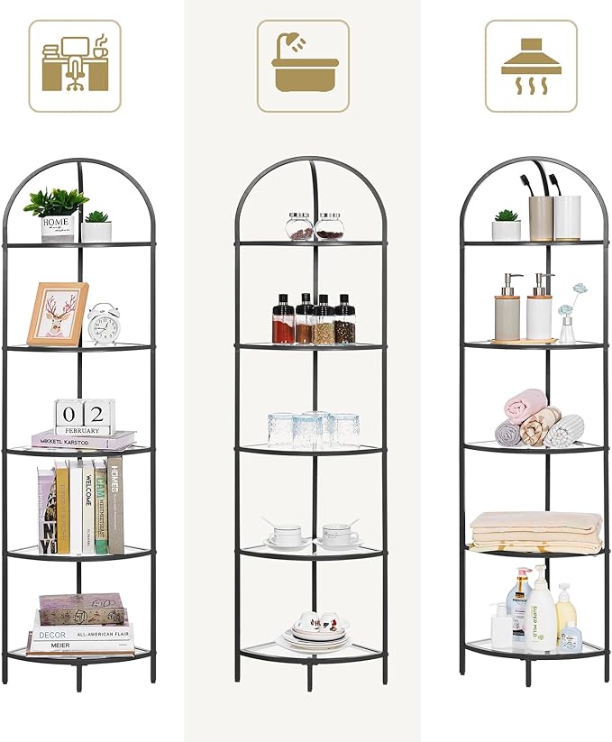 Homhedy 5-Tier Corner Shelf Stand, Metal Corner Bookshelf, Tempered Glass Shelves, Bathroom Storage Rack Shelf, Plant Stand, Modern Style, Black