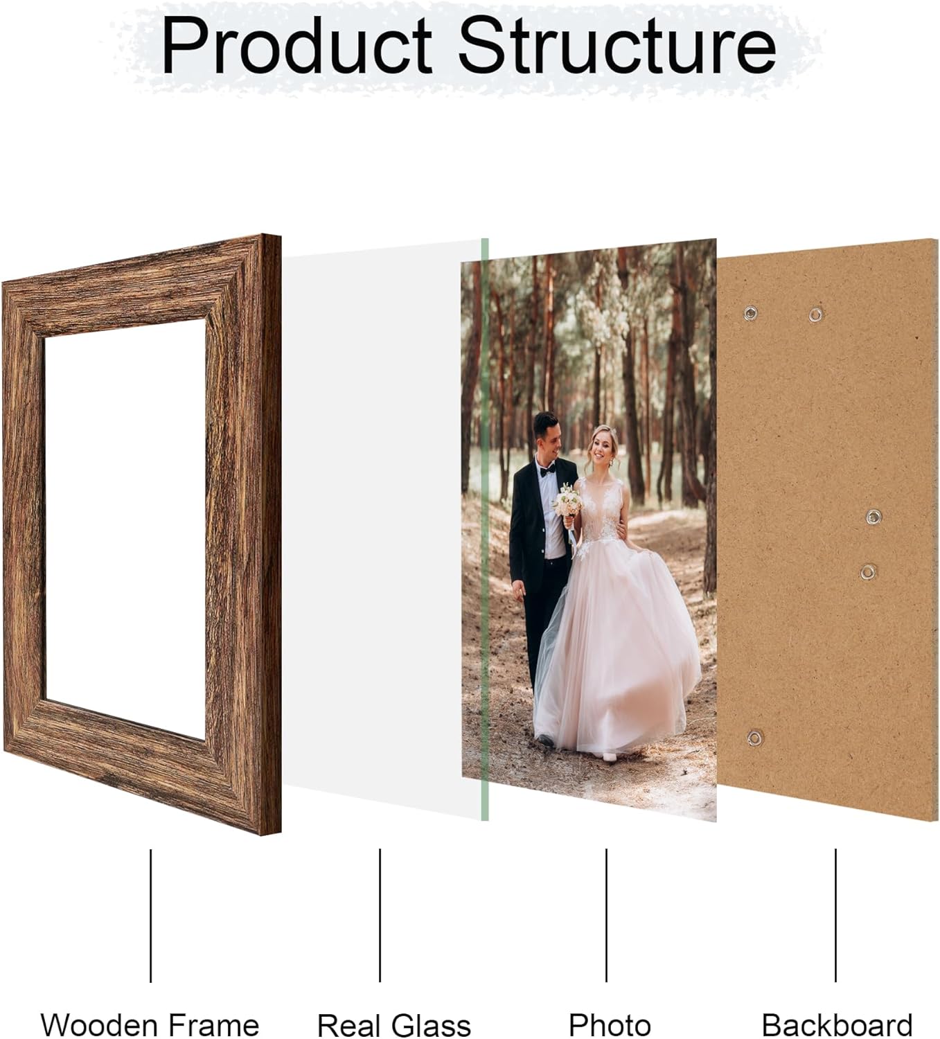 iRahmen 5x7 Picture Frame Set of 4, High Definition Glass Brown Frame, 5 x 7 Wood Rustic Photo Frames for Horizontal or Vertical Table Top and Wall Mounting