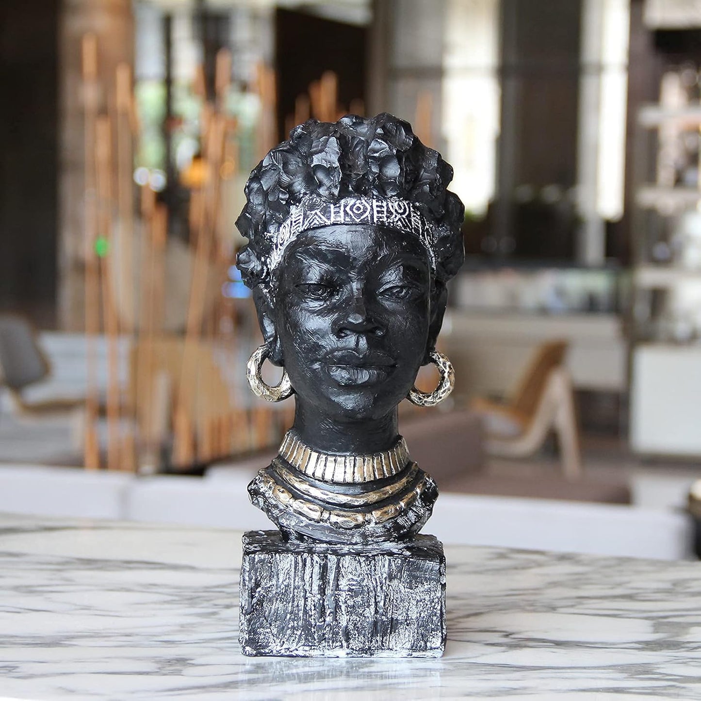Leekung African Statues and Sculptures for Home Decor,African Figurines Head Statue Decorations for Home,African Art Sculptures Woman Statue Decor for Living Room Antique Black Color