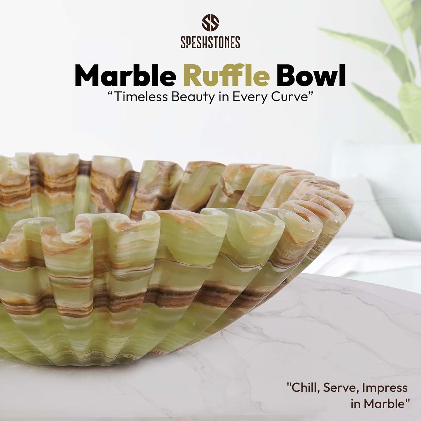 Marble Decorative Bowl 10 Inch Green Onyx Large Fruit Bowl for Kitchen Counter and Dining Table Centerpiece - Modern Stone Ruffle, Fluted and Scalloped Bowls for Home Decor