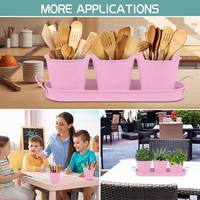 Indoor Herb Garden Set of 3 with Tray and 3 Types of Gardening Tools, Metal Plant Pots Herb Garden Planter Kit with Drainage for Plants (Pink)