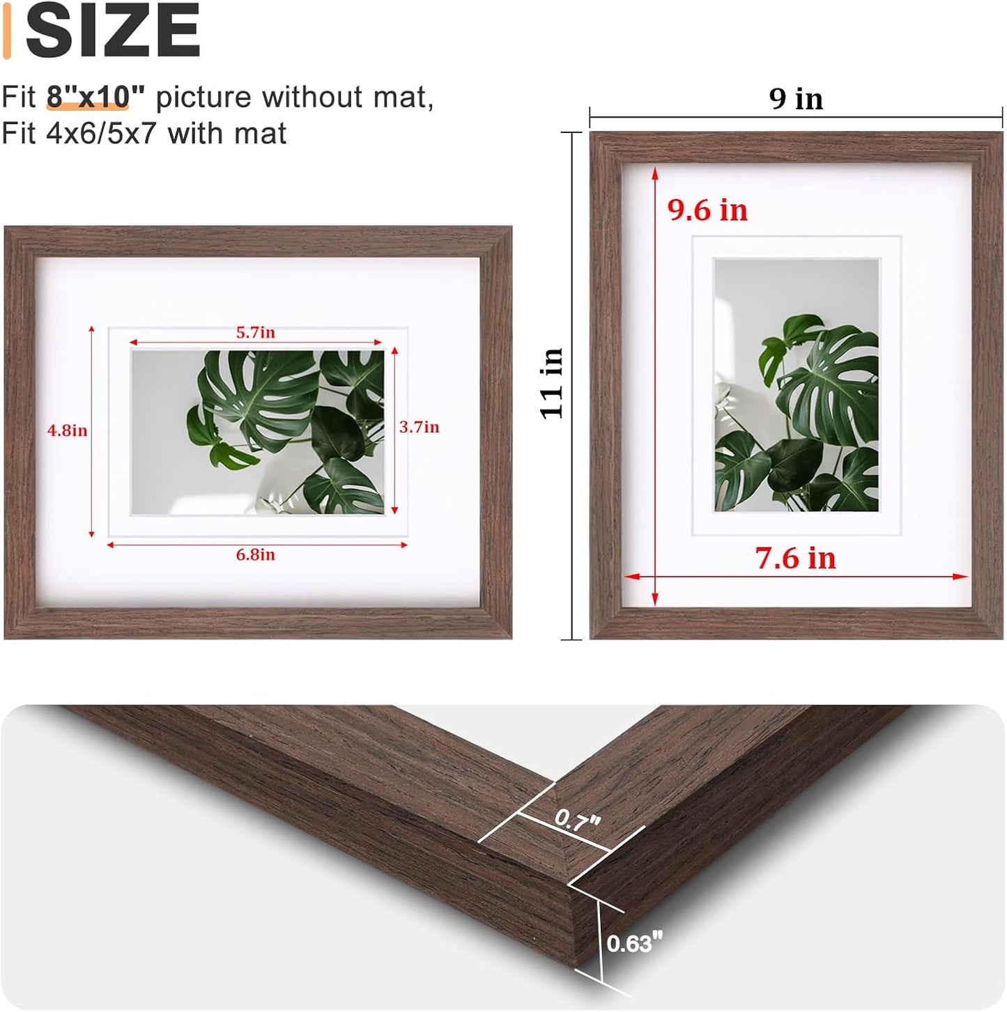 Egofine 8x10 Picture Frames Set of 4, Made of Solid Wood Covered by Plexiglass 4x6 and 5x7 with Mat or 8x10 without Mat, for Table Top Display and Wall Mounting Photo Frame Brown
