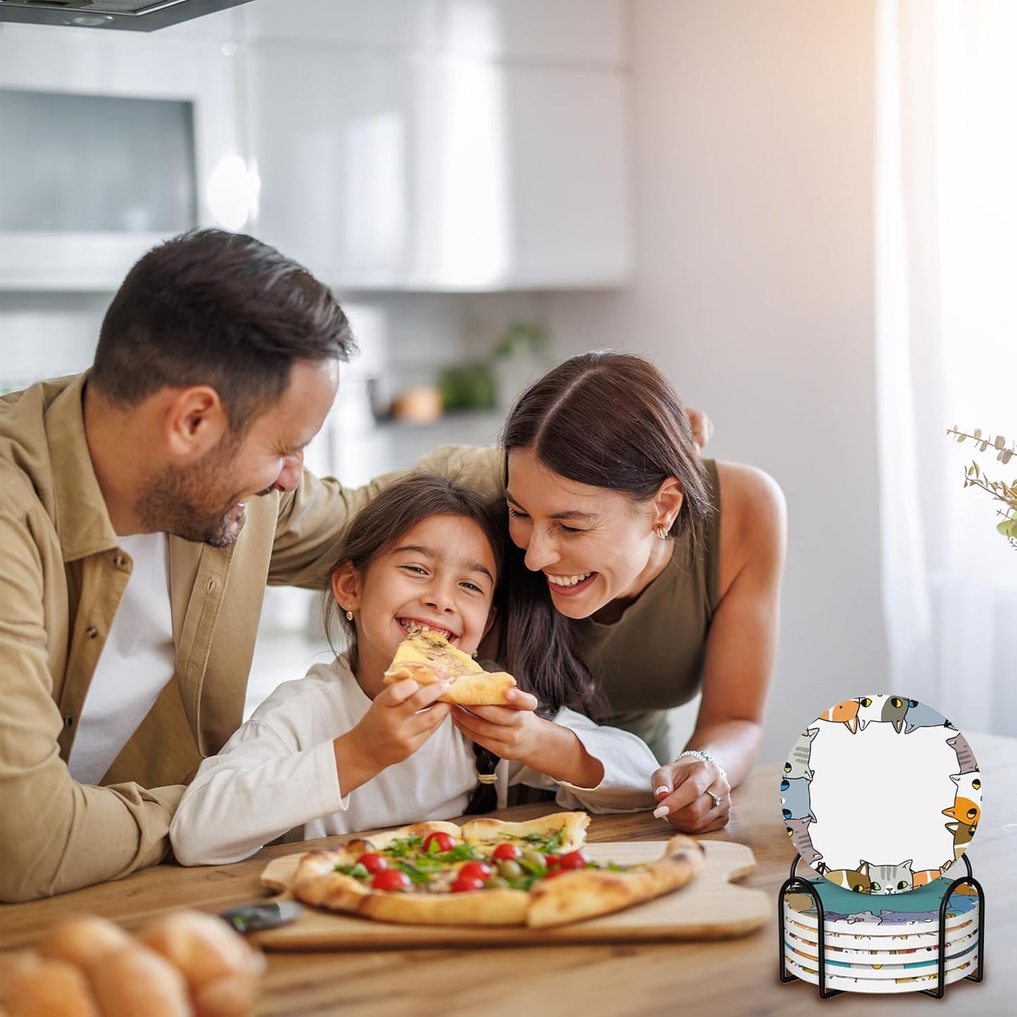 Cute Cat Dog Set of 6 Coasters for Drinks Absorbing Round Ceramic Stone Coaster with Cork Base,Tabletop Protection Mat for Mugs and Cups,Office,Kitchen