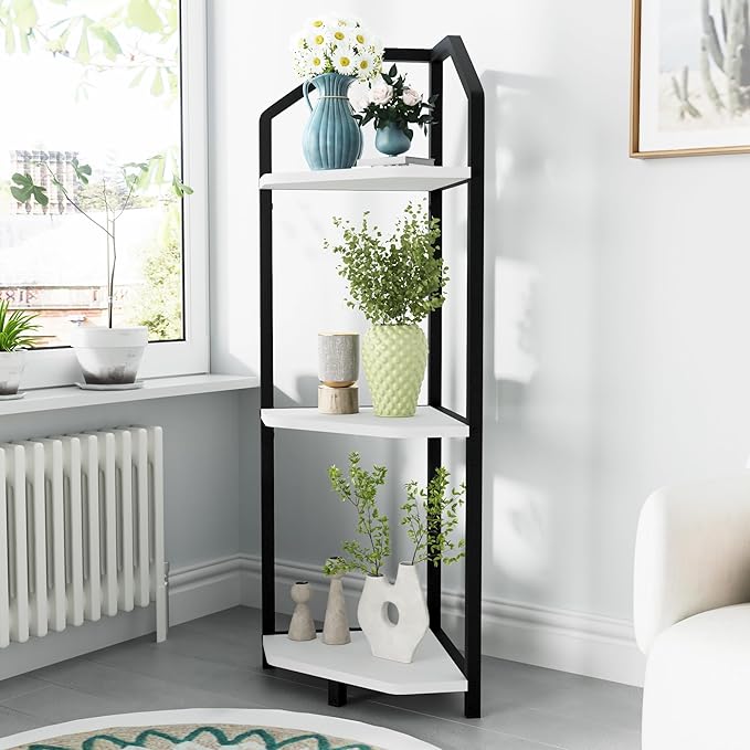 Fun Memories 3 Tier Corner Shelf, 40” Corner Shelf Stand, Corner Bookshelf Plant Stand, Storage Shelf for Bathroom, Living Room, Kitchen,Home Office, White
