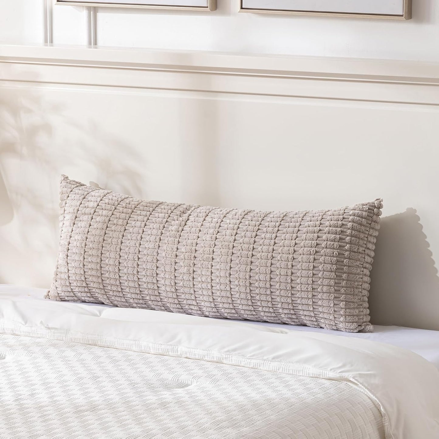 Fancy Homi Taupe Long Lumbar Decorative Throw Pillow Covers 14x36 Inch for Bed Couch Bed Sofa, Rustic Farmhouse Boho Room Decor, Soft Striped Corduroy Rectangle Cushion Case 35x91 cm