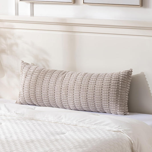Fancy Homi Taupe Long Lumbar Decorative Throw Pillow Covers 14x36 Inch for Bed Couch Bed Sofa, Rustic Farmhouse Boho Room Decor, Soft Striped Corduroy Rectangle Cushion Case 35x91 cm