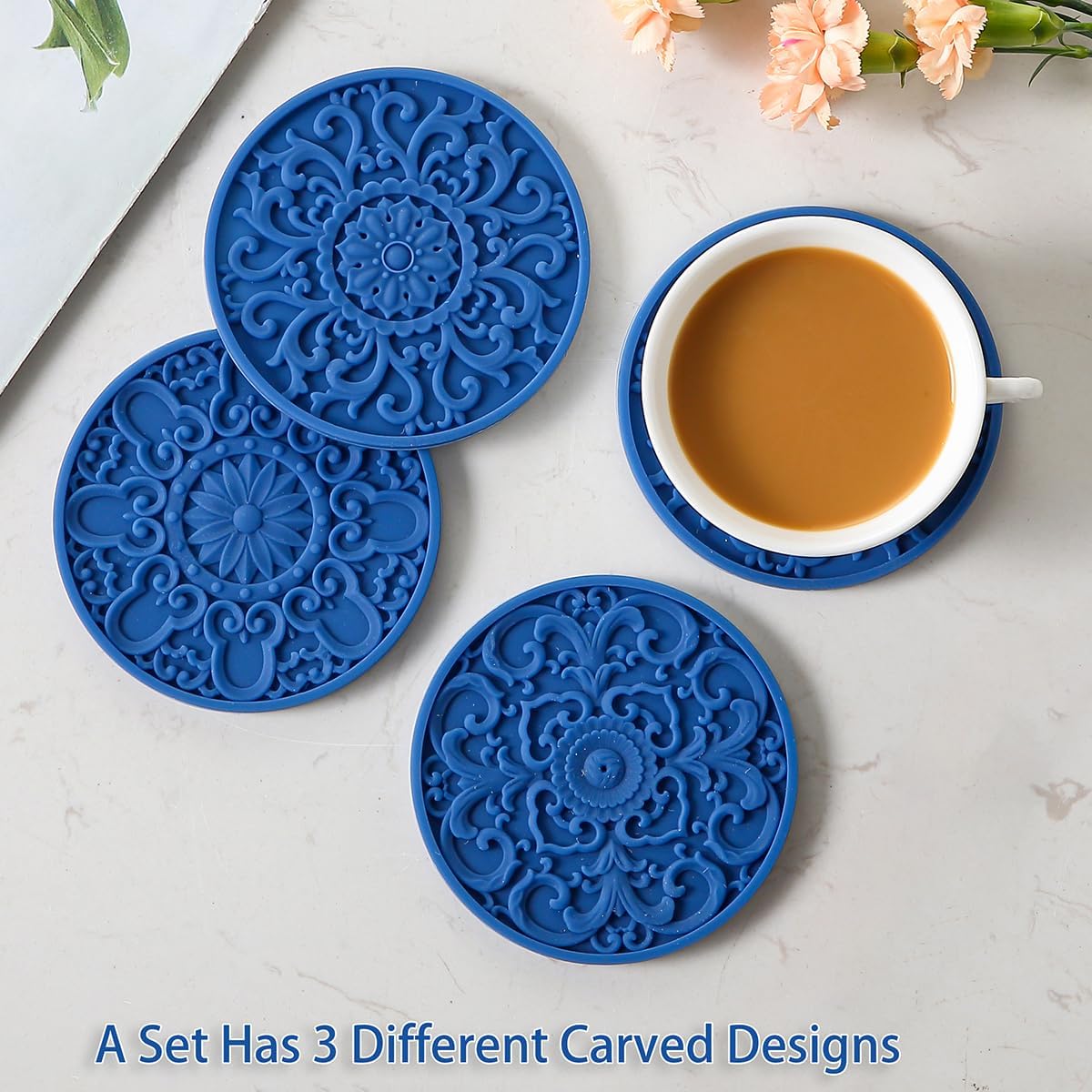 Colinda Silicone Coasters - Set of 6 with Holder, Non-Slip Cup Mats for Hot and Cold Drinks, Decorative Designs, Gift Ready Packaging, Navy Blue