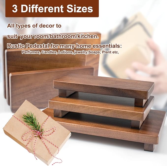 Walnut Wood Pedestal Stand, Wooden Soap Tray Farmhouse Decor Wood Riser Display for Bottle Plant Makeup Tissues Candles Towels Jewelry (Medium, 9 x 5.9 x1.57Inch)