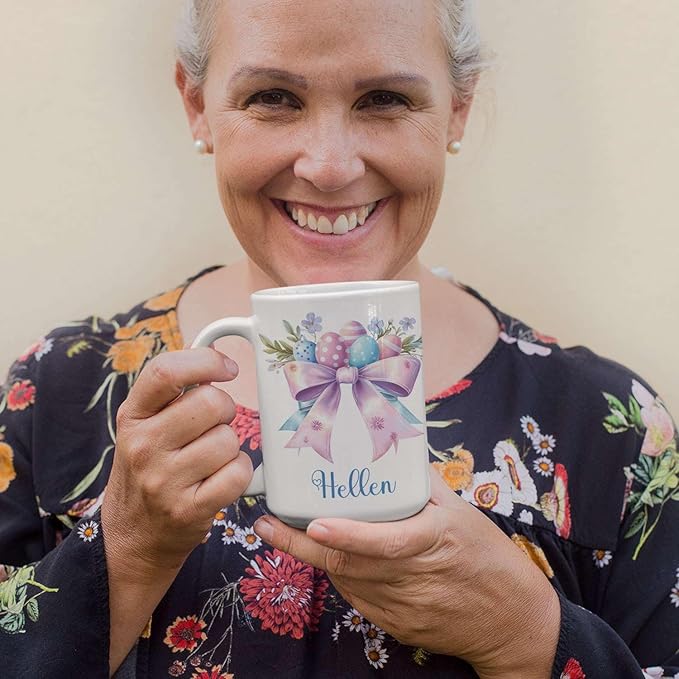 Unique Custom Name Coffee Mug, Spring Flowers and Bow Ceramic Cup 11oz 15oz, Personalized Elegant Bow White Mug, Easter Eggs with Floral Coffee Cup, Gifts for Easter Celebration