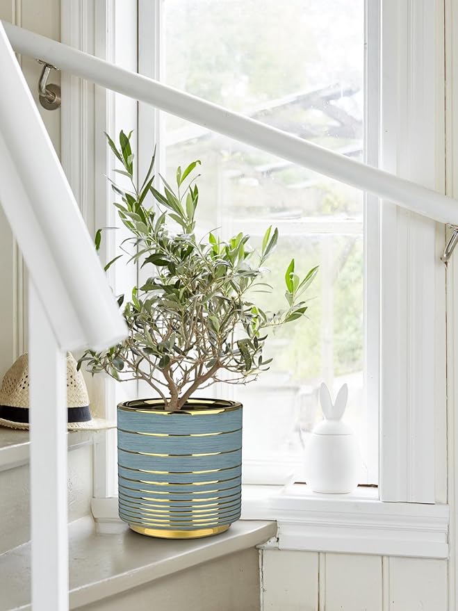 Grey Ceramic Plant Pots, 5.5 + 6.2 Inch Gold Striped Planter for Plants, Modern Flower Pots for Home and Office, Indoor Planters with Drainage Set of 2