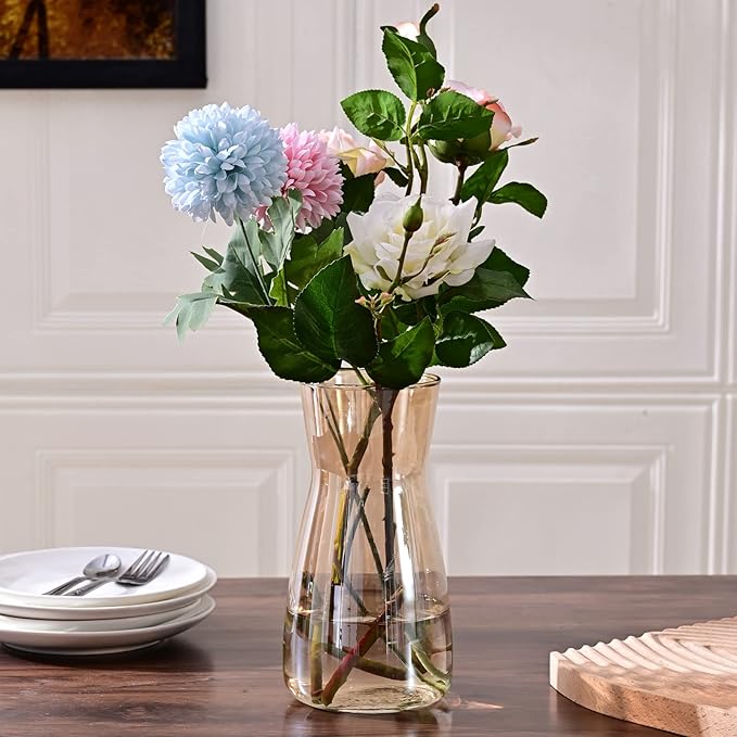 Glass Vases for Flowers, 8 Inch Tall Ins Modern Irised Crystal Clear Glass Vases for Centerpieces Home Desk Decoration, Decorative Glass Table Vase for Birthday Wedding Housewarming Gift,Amber