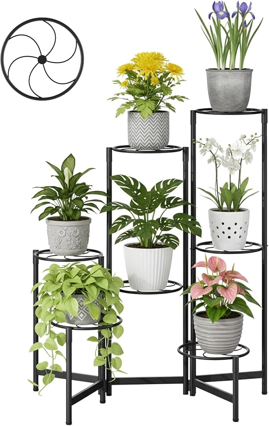 Corner Shelf Patio 7 Tier Metal Plant Stand Indoor Outdoor Tall Metal Flower Pot Stands for Multiple Plants Heavy Duty Plant Shelf Black Kite