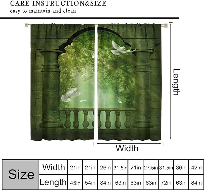 Gothic Blackout Curtains，Fantasy Ancient Balcony Doves Pattern Drapes Window 2 Panel Rod Pocket Curtain for Bedroom Living Room Decor 36" W X 63" L