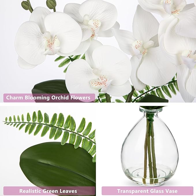 White Orchids Artificial Flowers, Faux Orchid in Glass Vase Real Touch Small Phalaenopsis Orchid Flowers Arrangements with Clear Vase Orchid Centerpiece for Dining Room Table